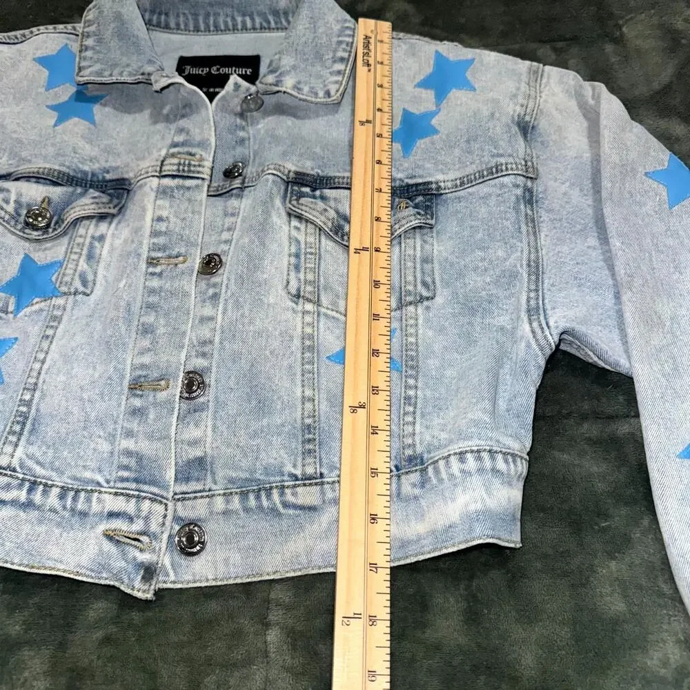 Juicy Couture Denim Jacket Girl's Large Blue Star Stretch Cropped Button Front‎